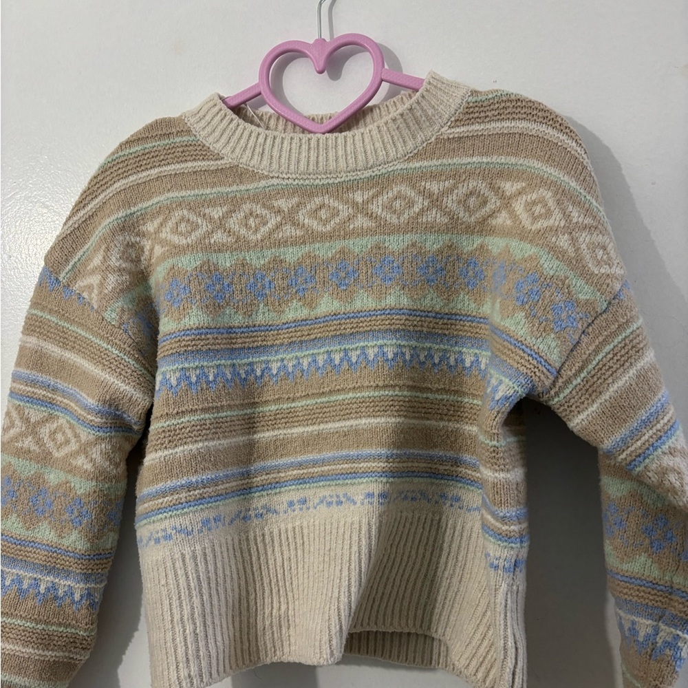 Cozy Striped Fair Isle Crewneck Sweater - Cream & Light Blue